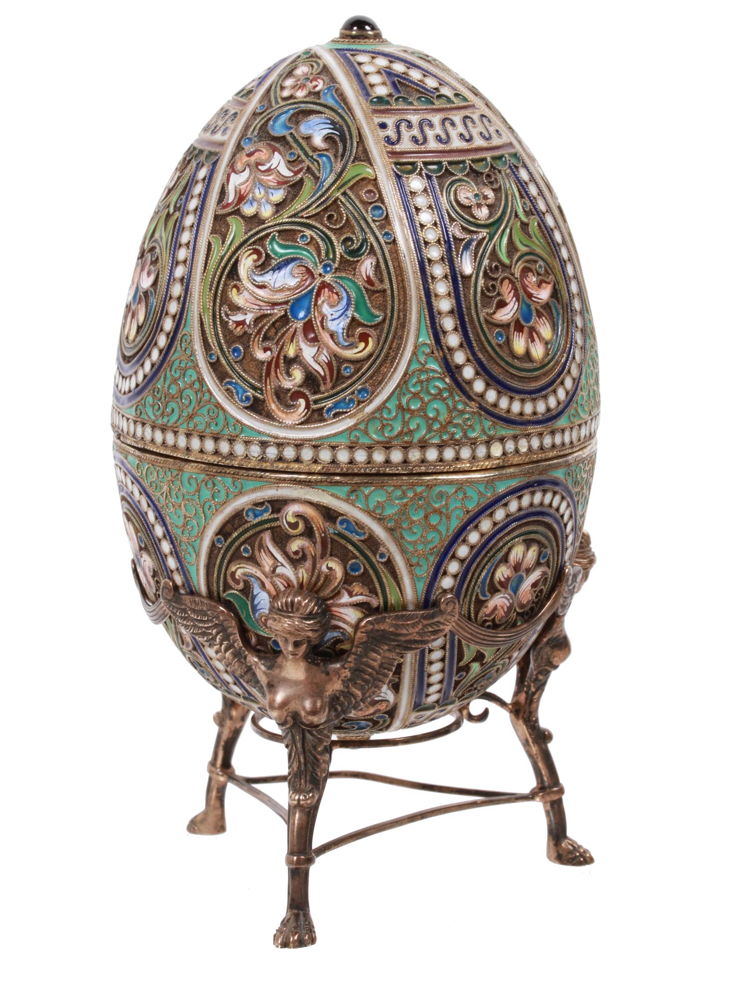 RUSSIAN GILT SILVER ENAMLED EASTER EGG WITH STAND PIC-0